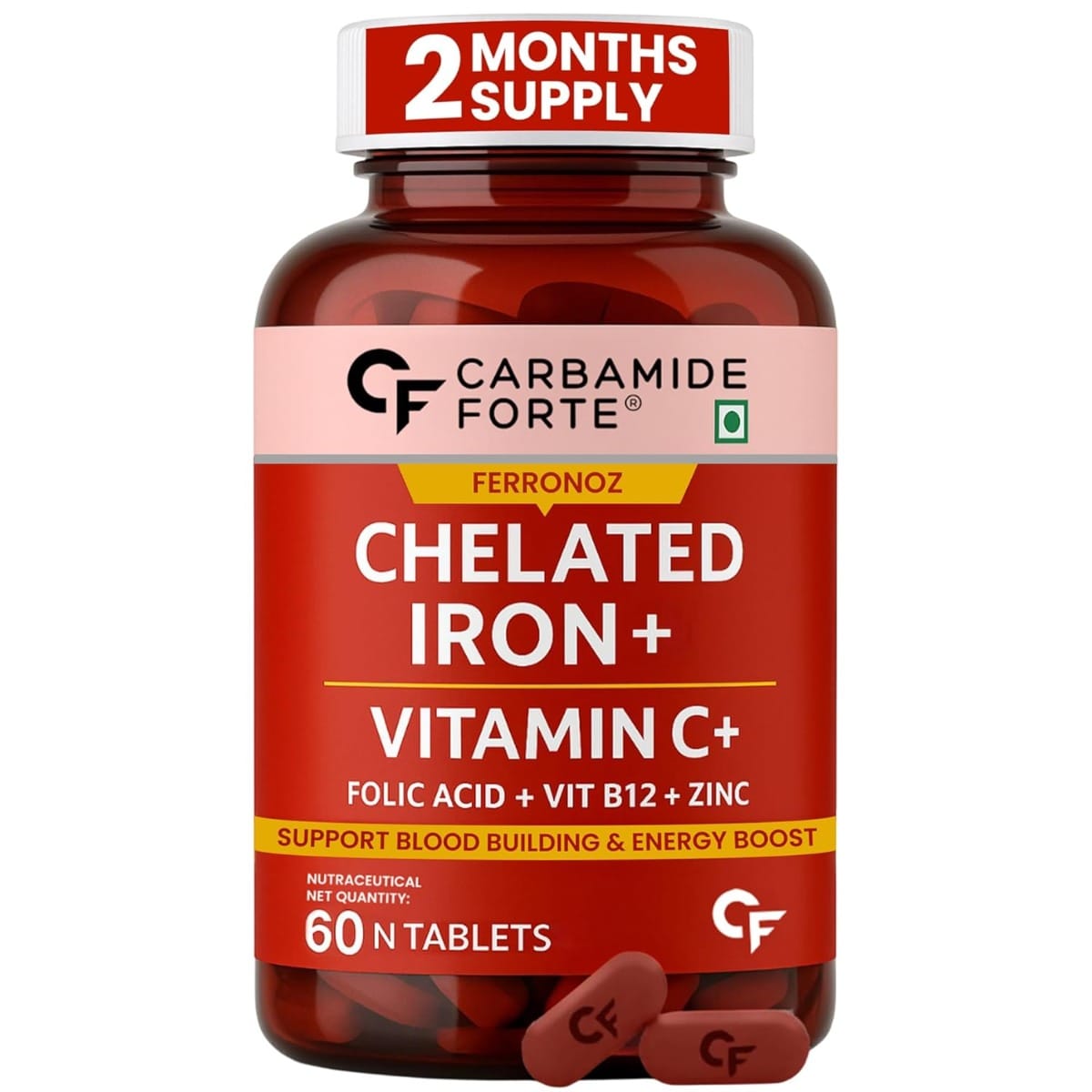 

Carbamide Forte Chelated Iron + Vitamin C, B12, Folic Acid & Zinc - 60 Veg Tablets