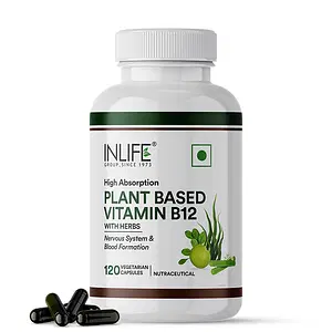 INLIFE Plant Based Vitamin B12 Supplements for Men & Women - Boost Energy, Support Nervous System & Brain Function | Vegan Superfood Formula | B12 from Spirulina Extract - 120 Veg Capsules