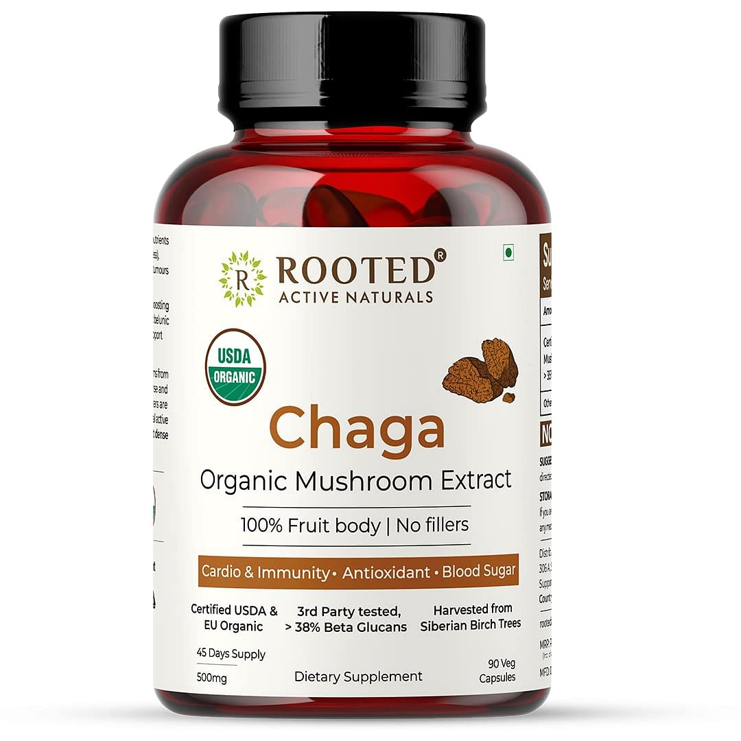 

Rooted Actives Siberian Chaga mushroom Extract (90 Caps, 500 mg) |Blood Sugar, Heart & Immunity. USDA Organic, 35% Beta Glucans