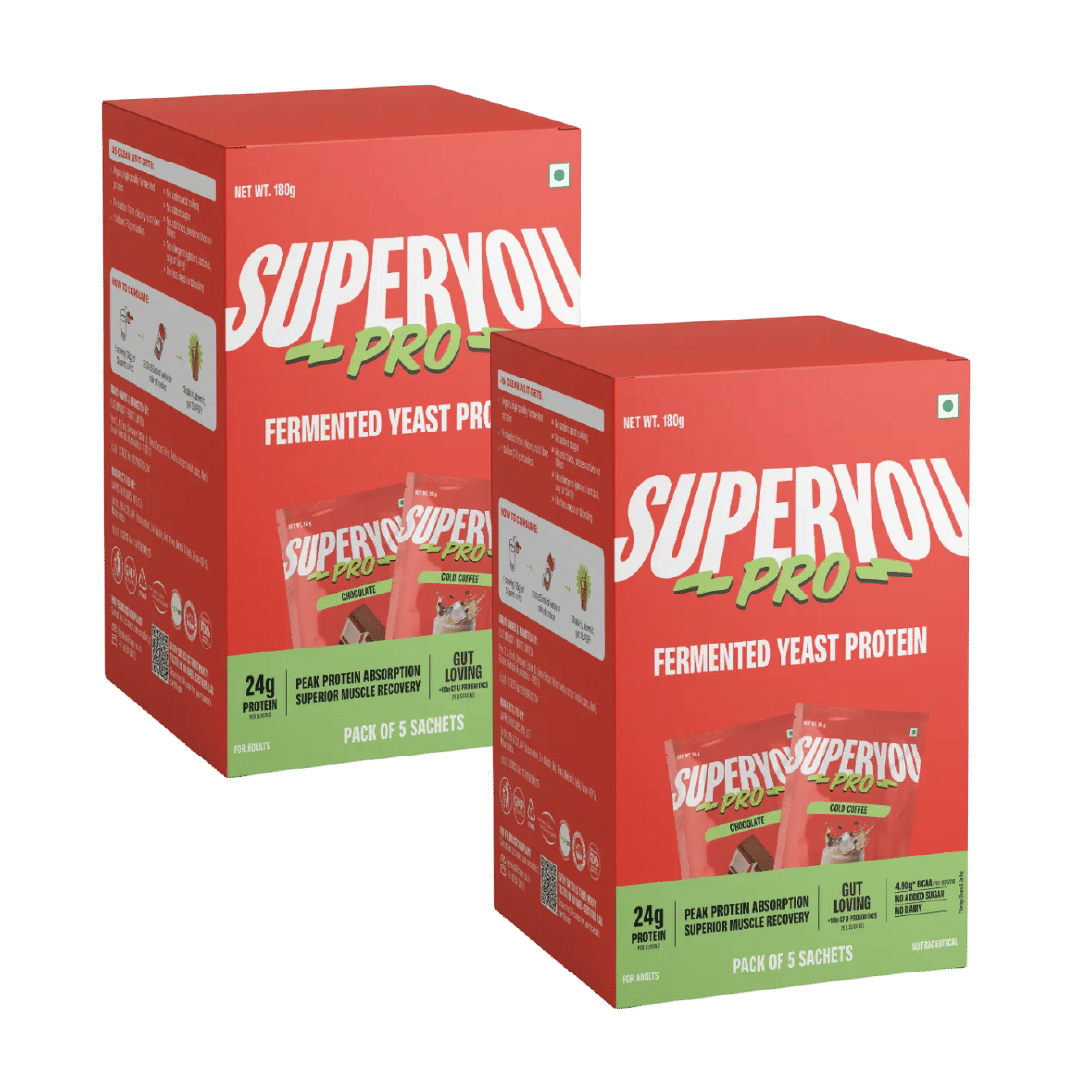 

Superyou Pro Fermented Yeast Protein Assorted Box (Pack of 5) | 24g Protein | Peak Absorption | Superior Muscle Recovery | Gut Friendly + 1Bn CFU P...