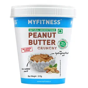 MYFITNESS Unsweetened Natural Peanut Butter Crunchy 510g | 100% Roasted Peanuts | 30g Protein | Healthy Nut Butter Spread | Vegan | No Added Sugar, Salt | No Hydrogenated Oil | Zero Cholesterol