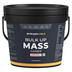 Nutrabay Gold Bulk Up Mass Gainer, Carbs to Protein Blend (3:1), 30g Protein with Digestive Enzymes, Vitamins & Minerals, Weight Gain Supplement  - 5kg, Strawberry
