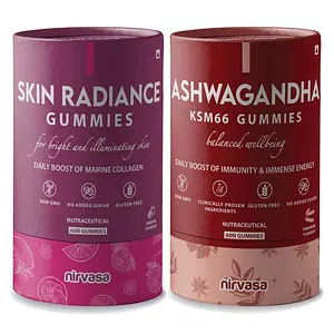 Nirvasa Skin Radiance Collagen Gummies & Ashwagandha KSM 66 Gummies Combo | For Skincare, Immunity, Relaxation & Performance | Non-GMO & Gluten-Free | FSSAI Certified | 60 + 60 Gummies