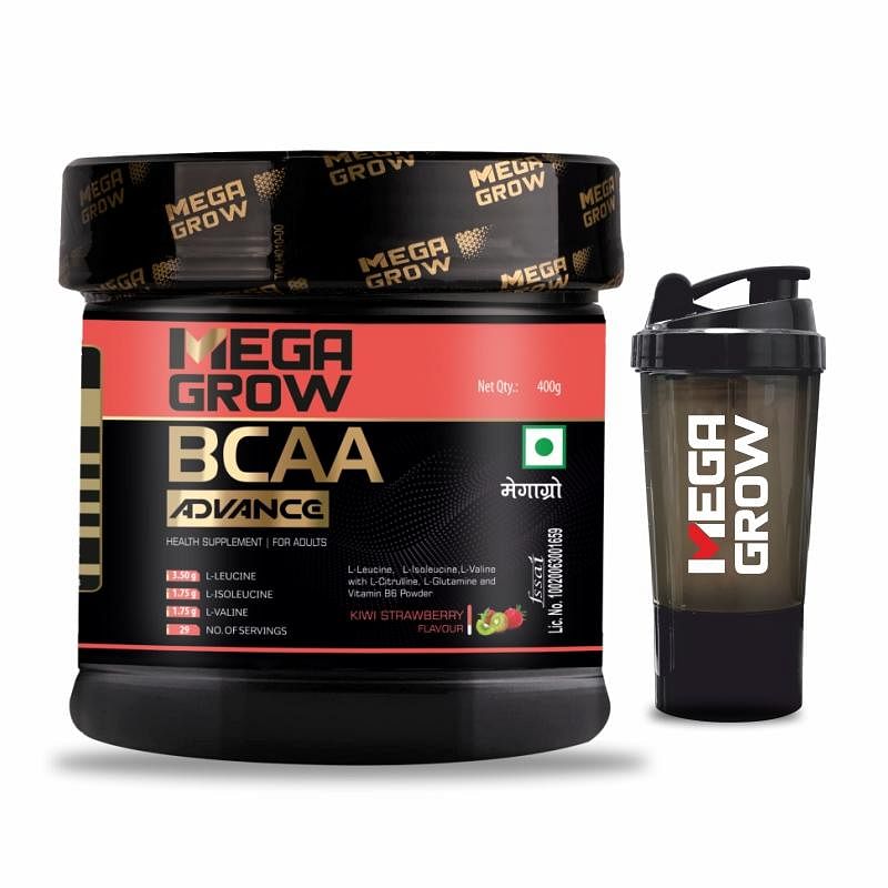 

Megagrow BCAA Advance Supplement Powder Kiwi Strawberry Flavour with Protein Shaker, 400 Gm - 29 Servings, No Sugar Added