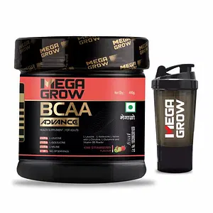 Megagrow BCAA  Advance Supplement Powder Kiwi Strawberry Flavour with Protein Shaker, 400 Gm - 29 Servings, No Sugar Added