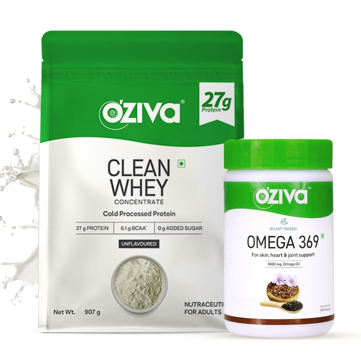 

OZiva Clean Whey Concentrate Protein Powder (27g Protein) - Unflavoured, (907g) & Plant Based Omega 369 Multivitamin Supplement For Men & Women (60...