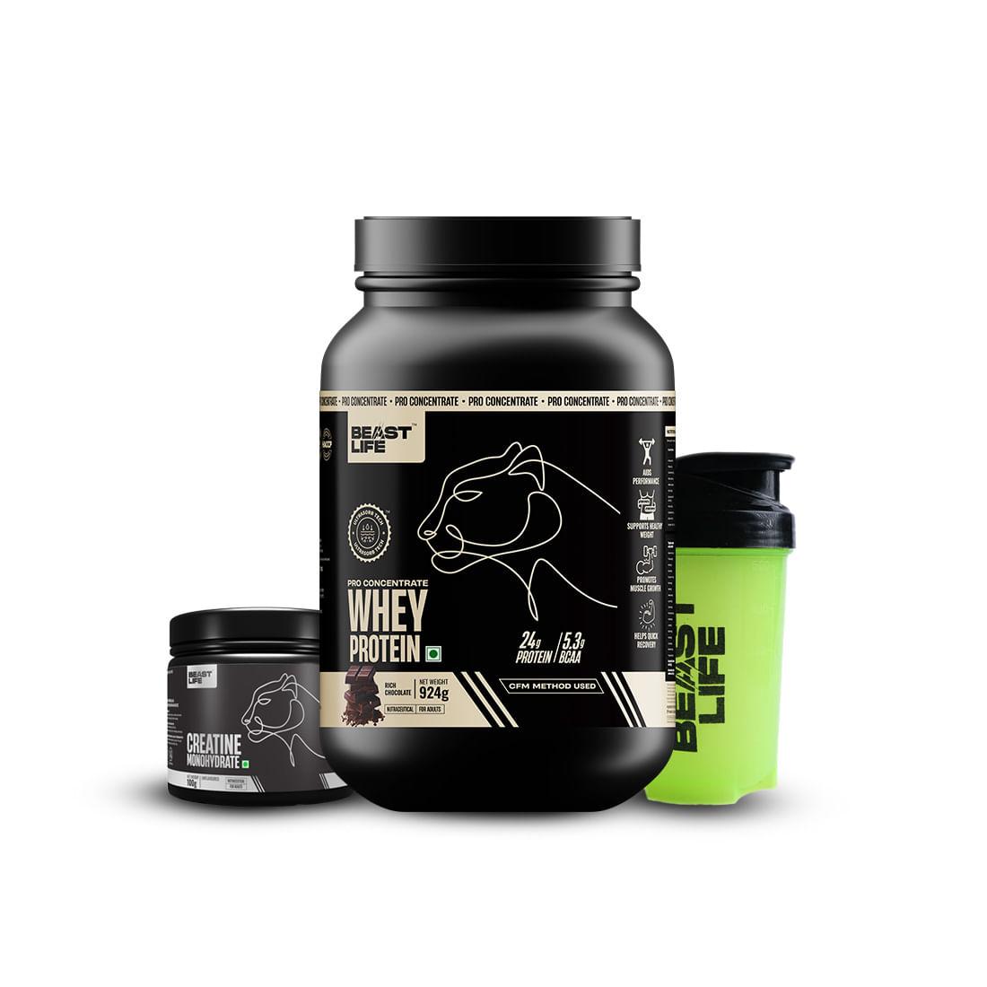 

Beast Life Pro Concentrate Whey Protein Rich Chocolate 924g + Creatine 100g + Neon Shaker 500ml(Combo Pack) Pack of 1