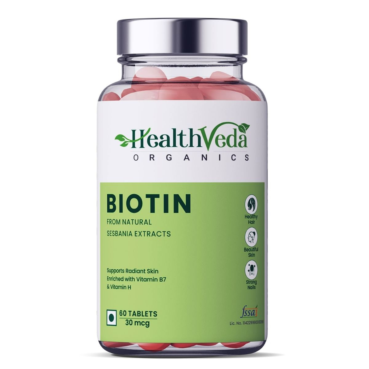 

Health Veda Organics Biotin For Healthy Hair, Beautiful Skin, & Nail Growth, 60 Veg Tablets