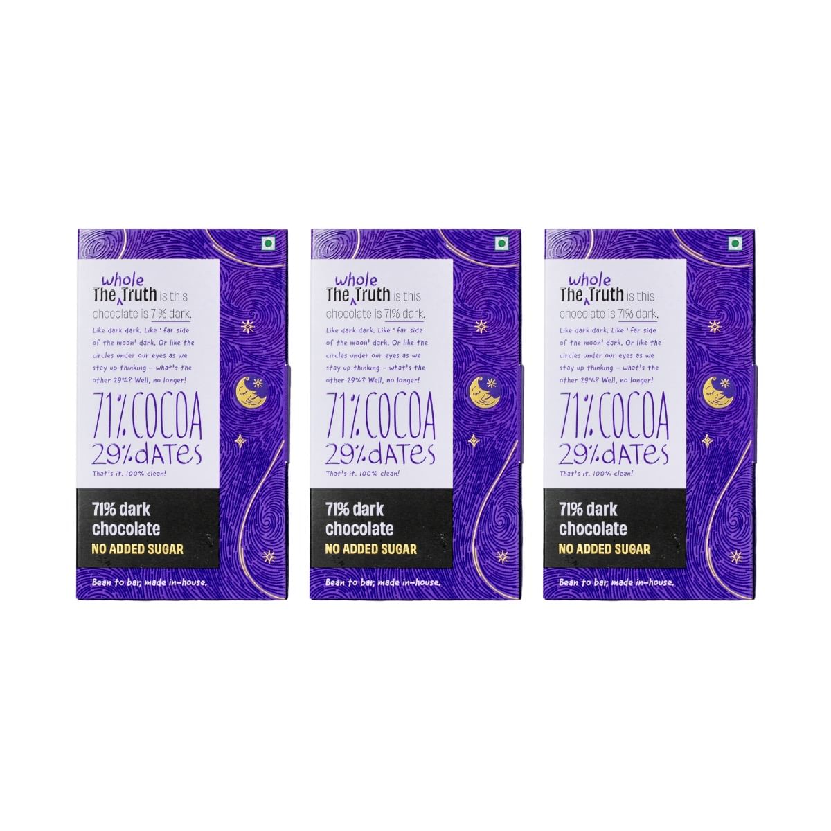 

The Whole Truth - Dark Chocolate Combo | 71% Dark Chocolate | Pack of 3 | 160 g | No Added Sugar | Bean to Bar | 71% Cocoa 29% Dates | No Artificia...