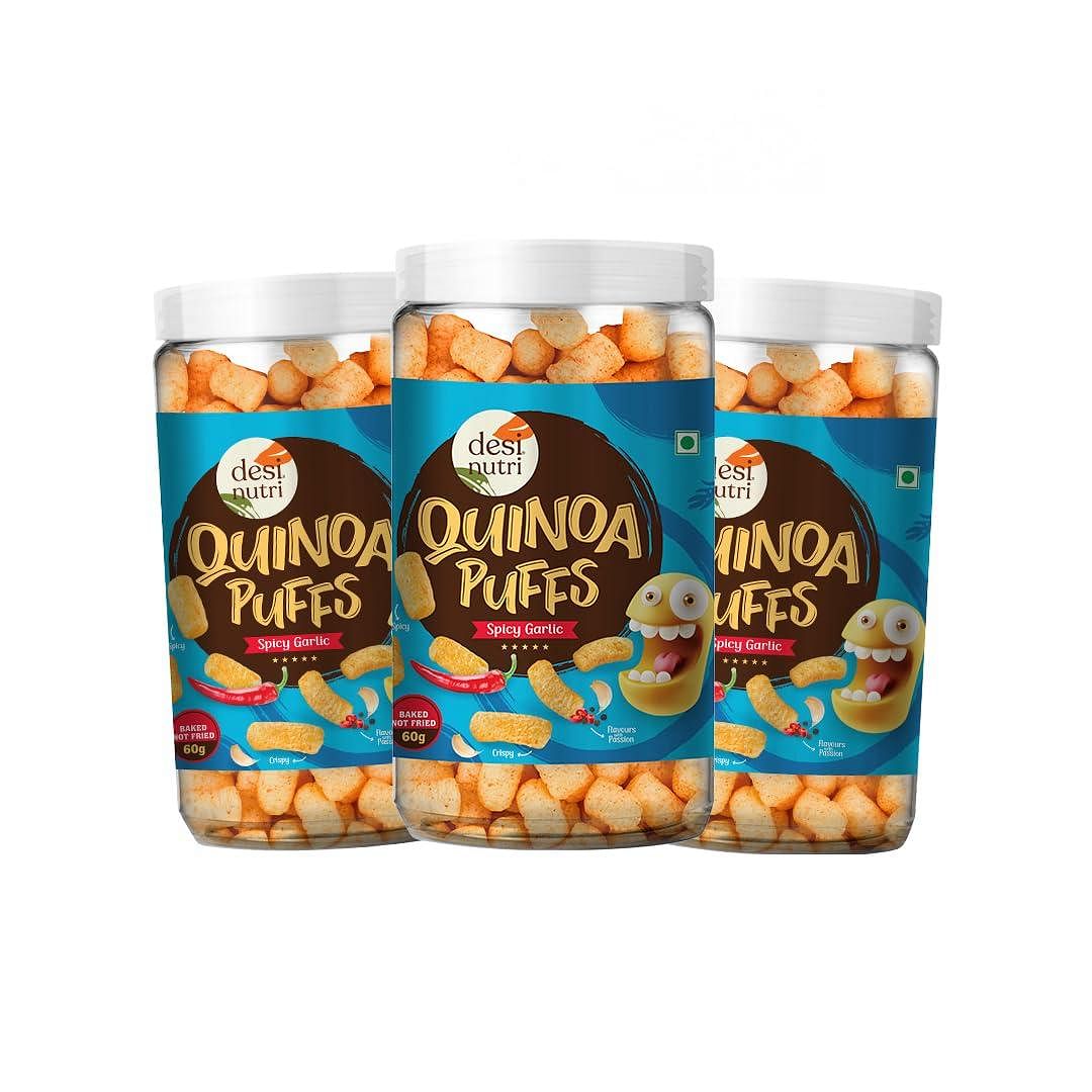 

Desi Nutri Quinoa Puffs Spicy Garlic Pack of 3-60 GMS Each | Ready to Eat Quinoa Puffs Spicy Garlic | Quinoa Puffs Online | Rich in Iron & Protein