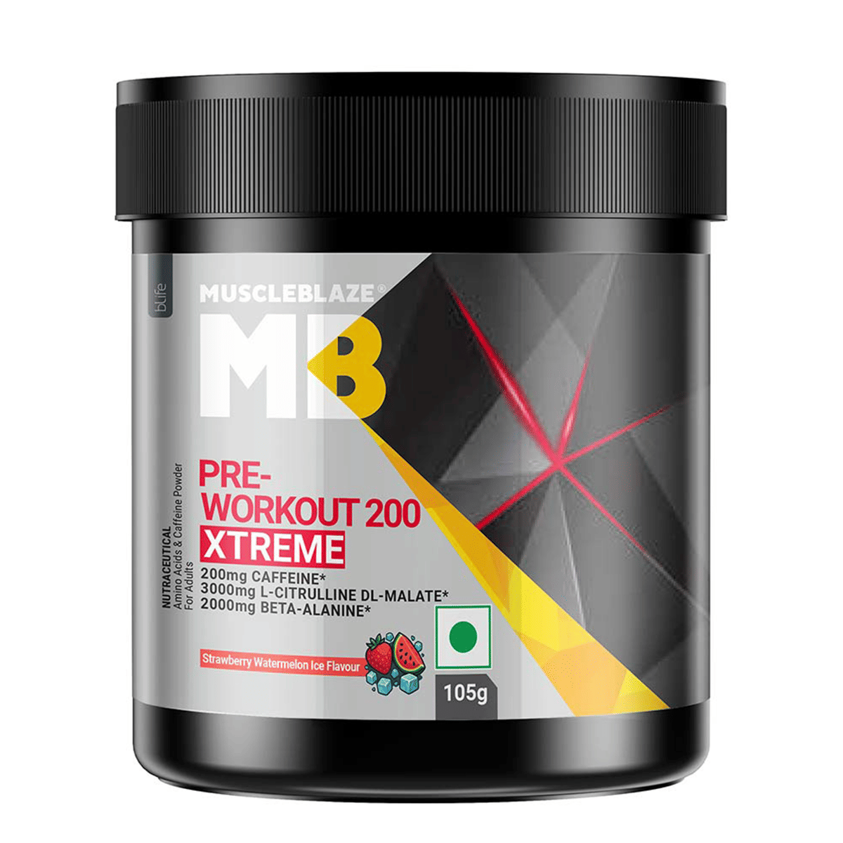 

MuscleBlaze Pre Workout 200 Xtreme | 200mg Caffeine, 200mg Theanine, 2000mg Beta Alanine, 3000mg Citrulline (Strawberry Watermelon Ice, 15 Servings...