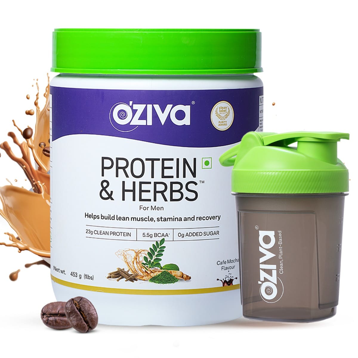 

OZiva Protein and Herbs for Lean Muscles and Stamina, Men - Cafe Mocha, (453g) 1 lbs with Shaker (300ml)