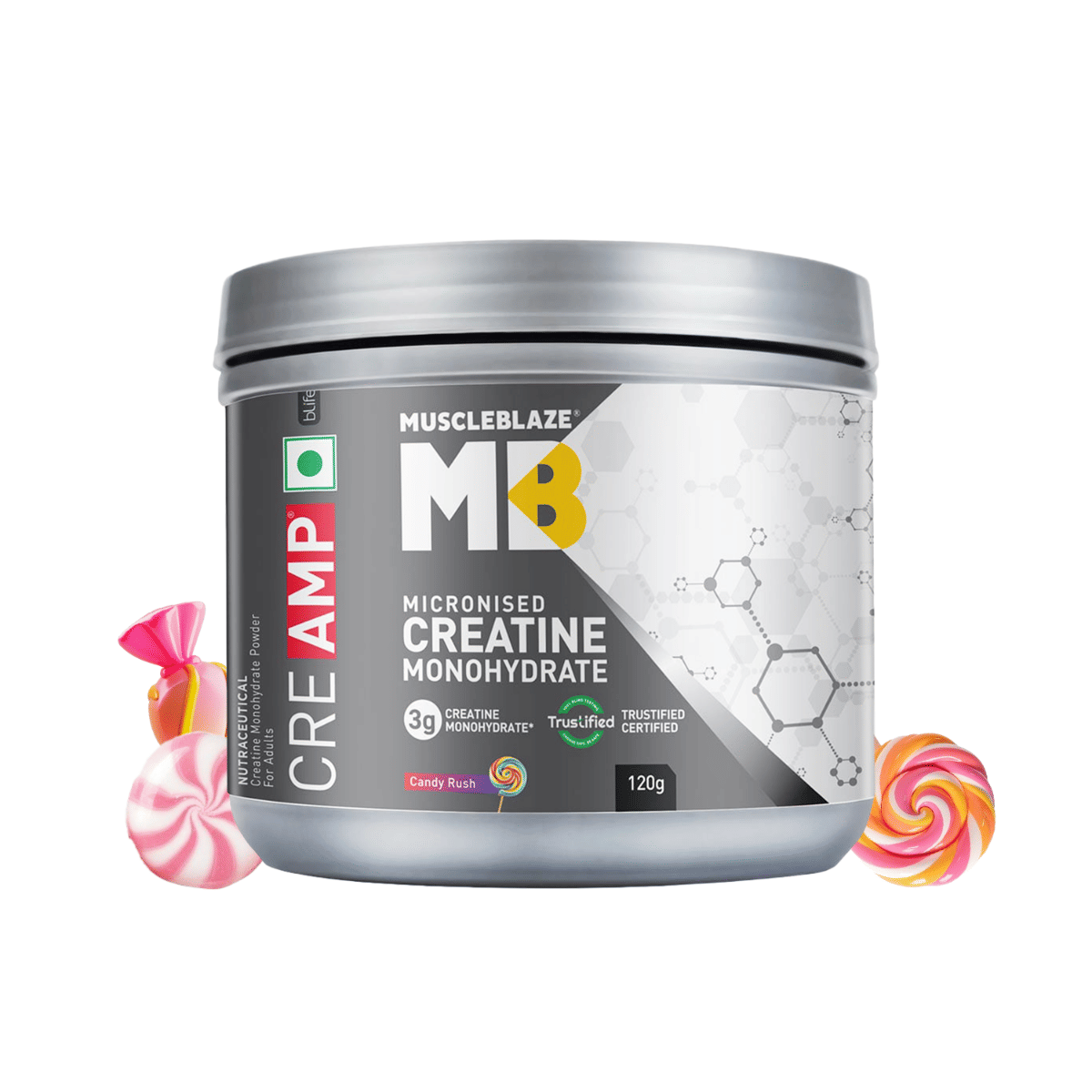 

MuscleBlaze Micronised Creatine Monohydrate CreAMP Powder, Candy Rush | Trustified Certified Creatine (30 Servings, 120g)