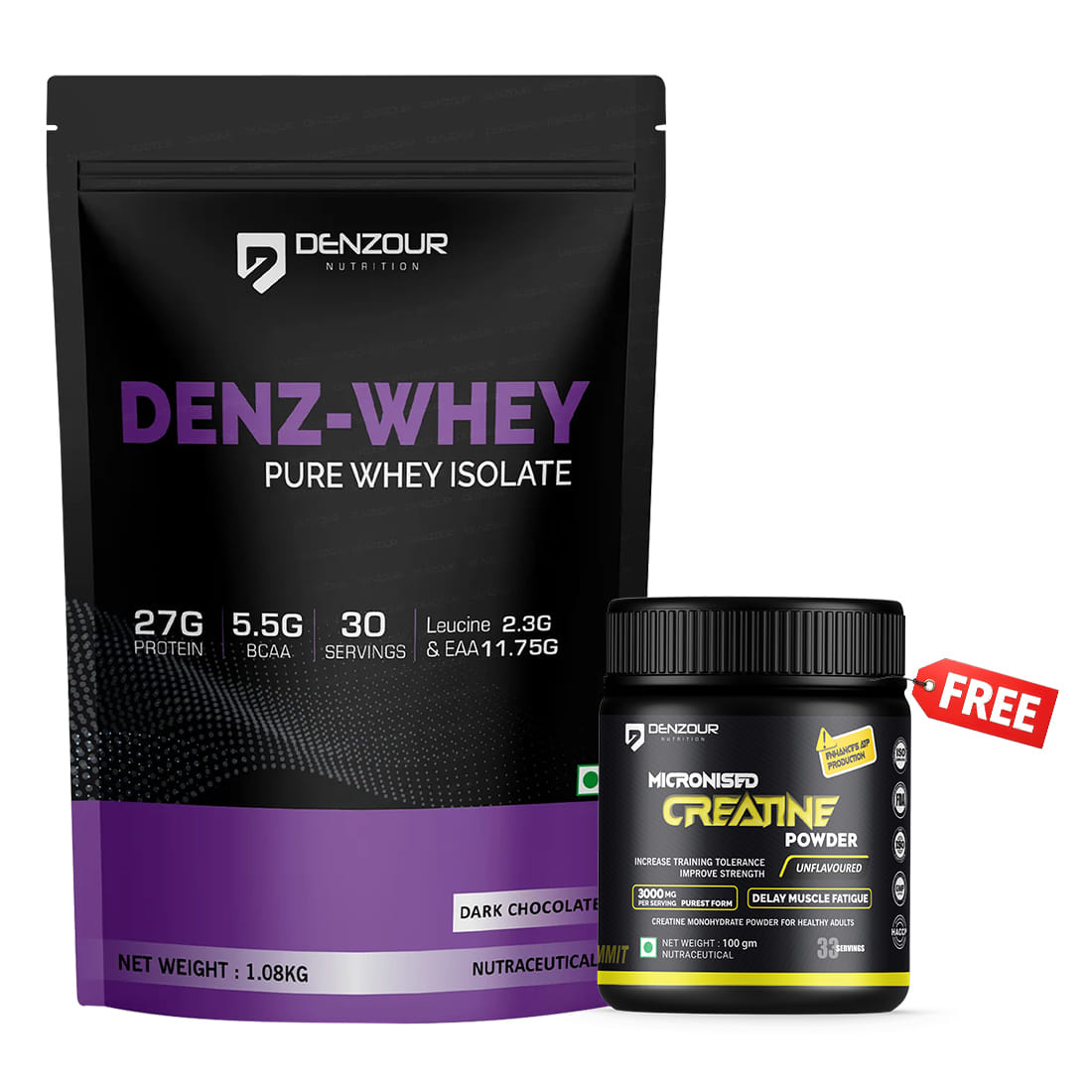 Denz Whey Isolate Protein 1kg. Dark Chocolate Flavour + Free Creatine Unflavoured 100g