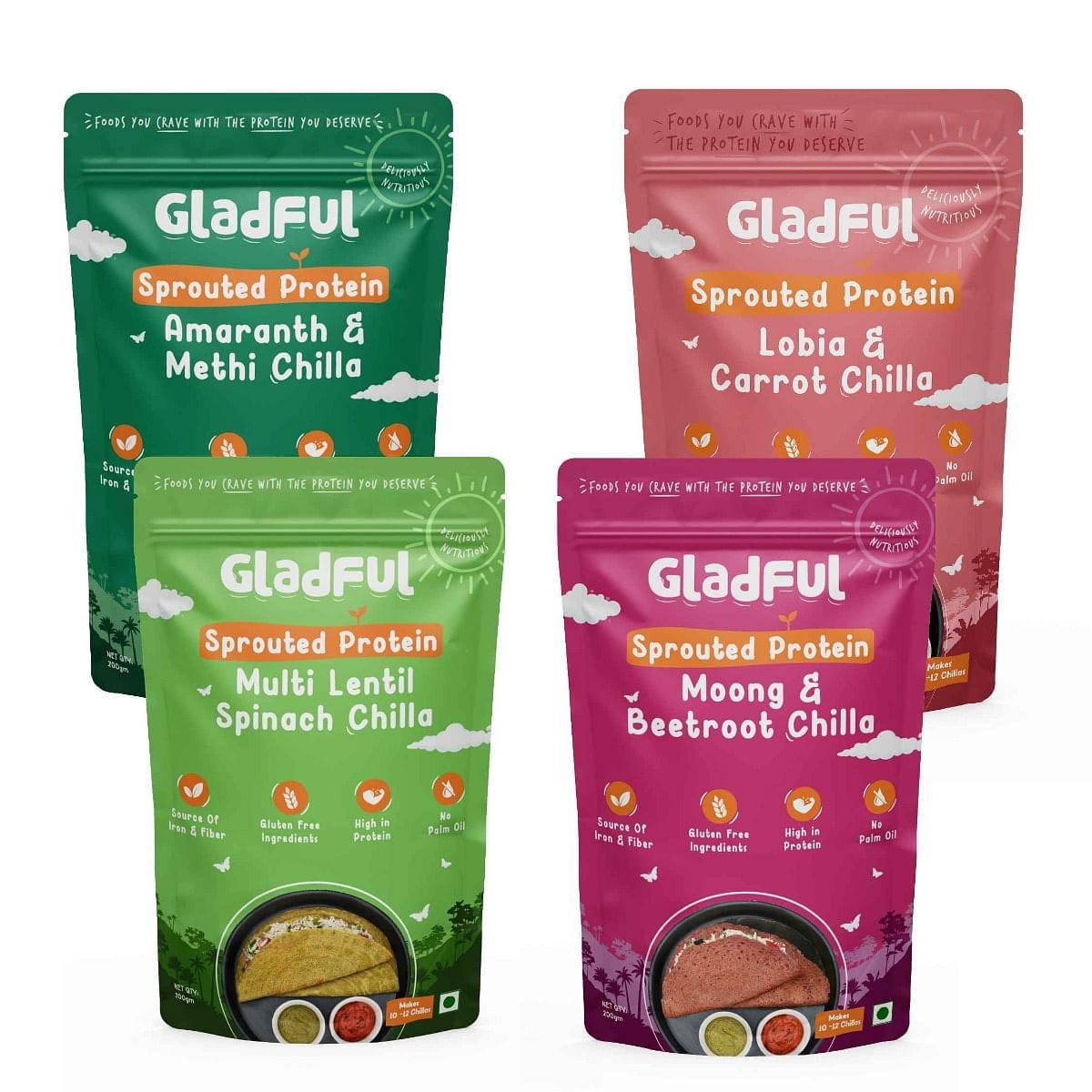 Gladful Sprouted Chilla Beetroot Spinach Carrot Methi - Lentils and Millets Instant Mix Combo (4 packs) - 800g