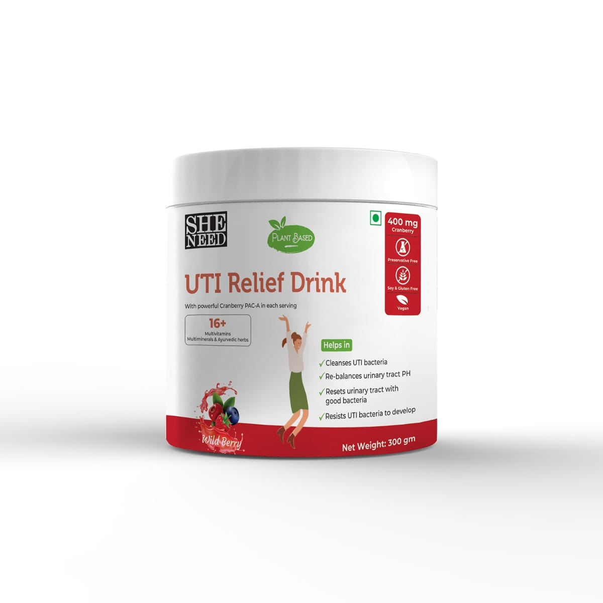 

SheNeed Plant Based UTI Relief Drink For Women with Cranberry, Ashwagandha, Chamomile for UTI, Balance Ph, Soothes Pain & Bacterial Infection - 300gm