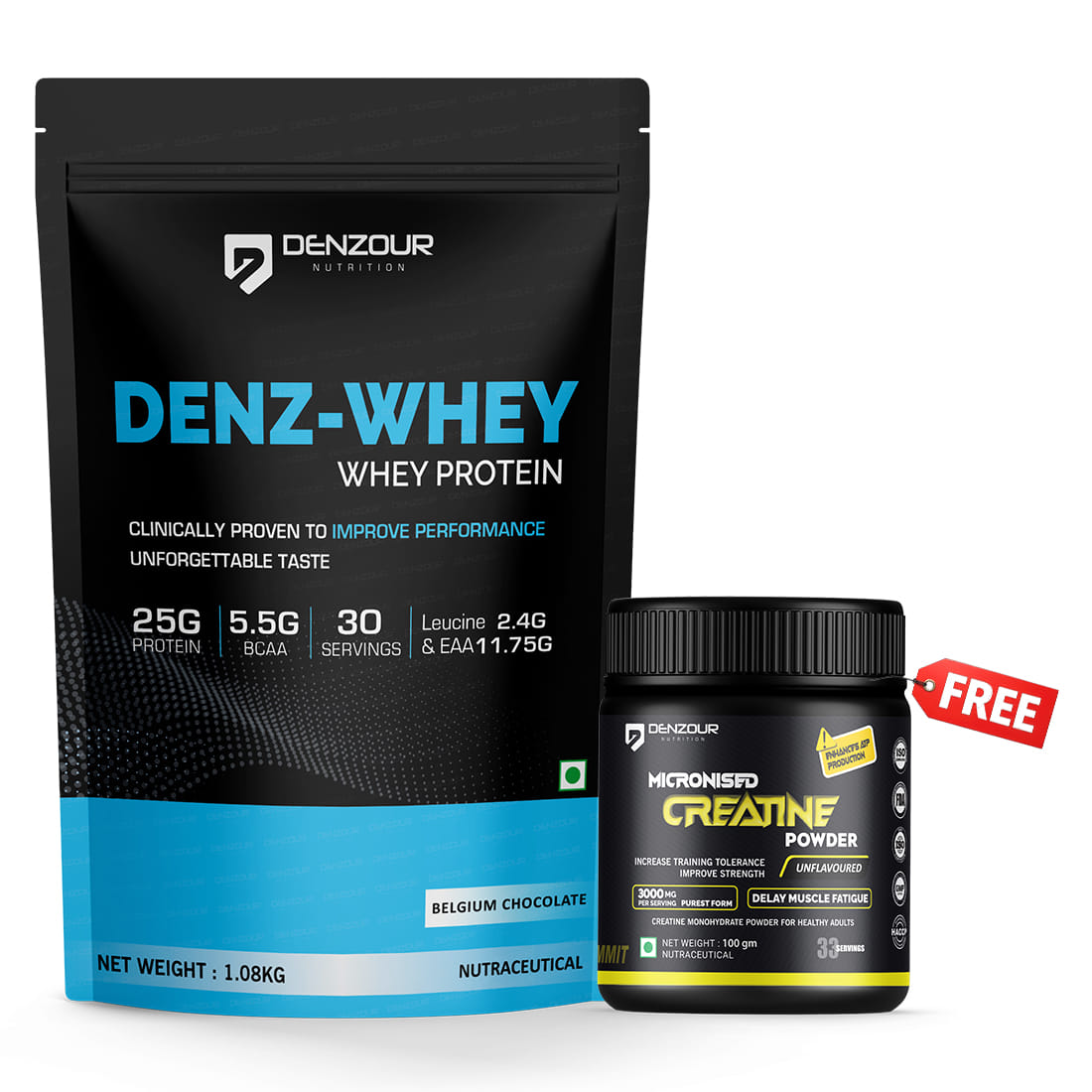 Denz Whey Protein 1kg. Belguim Chocolate Flavour + Free Creatine Unflavoured 100g