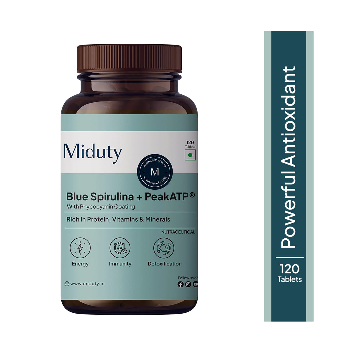 

Miduty Blue Spirulina + Peak ATP - Phycocyanin Coating - Superfood Antioxidant - Detox - 120 Tablet
