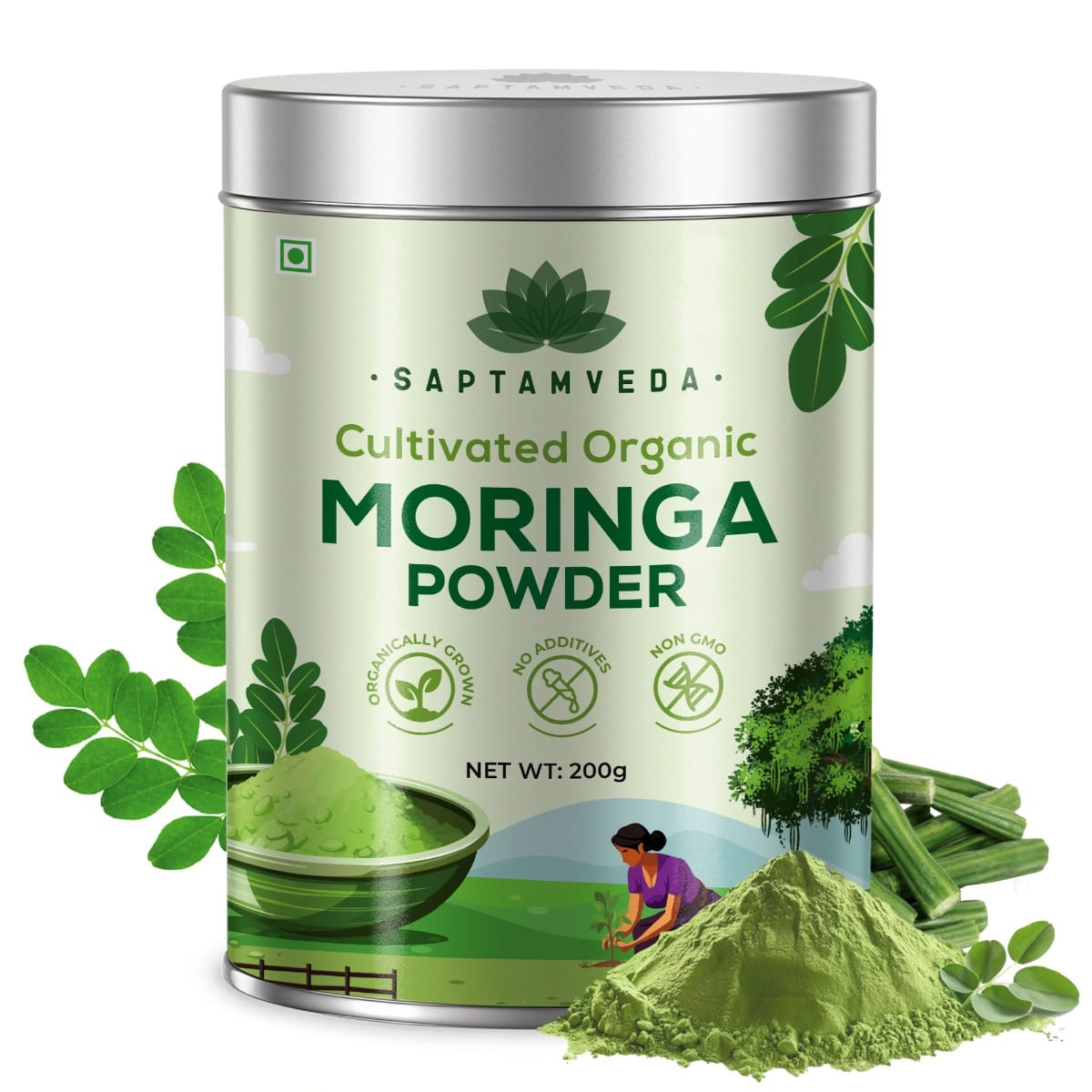 Saptamveda Organic Cultivated Elite Moringa Drumstick Powder 200g Tin | Superfood for Immunity, Skin & Hair Care | Herbal Supplement-image-4