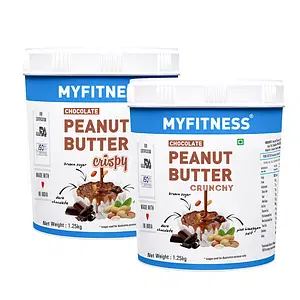 MYFITNESS Chocolate Peanut Butter Crunchy 1250gm and Chocolate Peanut Butter Crispy 1250gm Combo| 22g Protein | Tasty & Healthy Nut Butter Spread | Vegan | Dark Chocolate | Smooth Peanut Butter | Zero Trans Fat