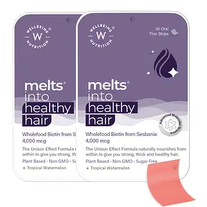 Wellbeing Nutrition Melts® Healthy Hair with Plant Based Biotin, Zinc, Bamboo Extract, Folic acid for Hair Nourishment, Strength and Thickness - (30 Oral Strips Pack of 2)