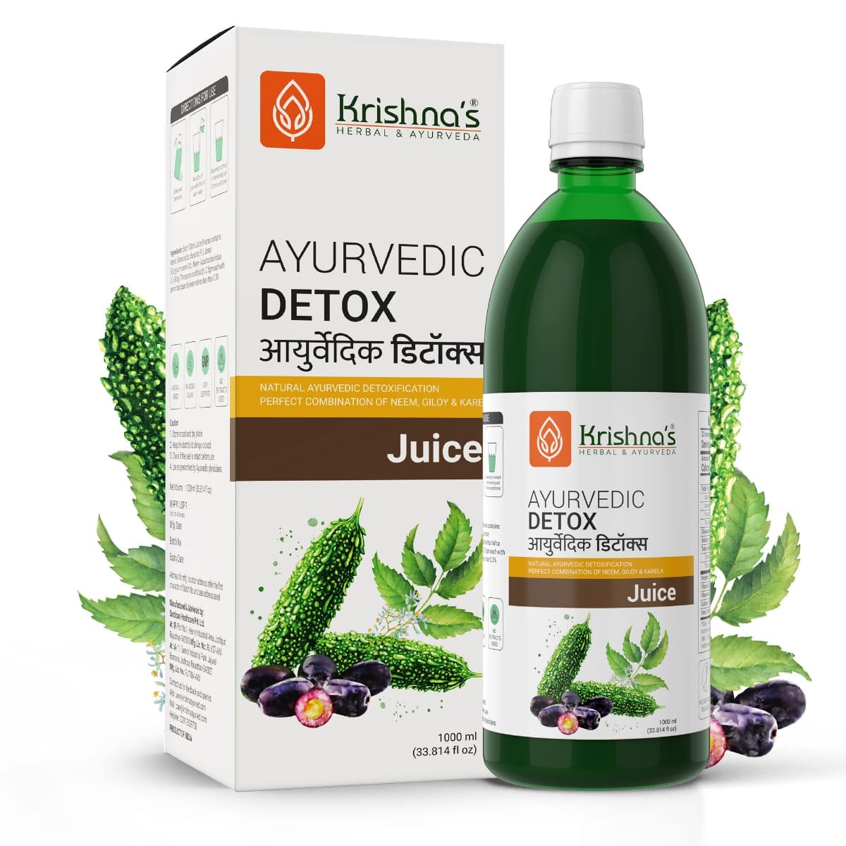 

Krishna's Ayurvedic Detox Juice 1000 ml | Ayurvedic detoxification | Perfect combination of giloy, karela, jamun & neem