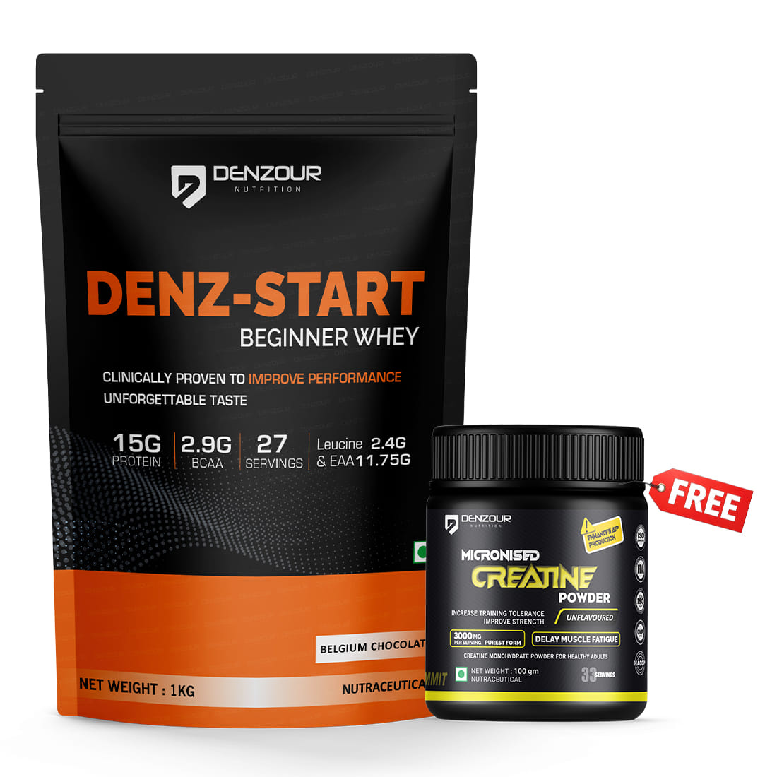 Denz Start Whey Protein 1kg. Belguim Chocolate + Free Creatine Unflavoured 100g