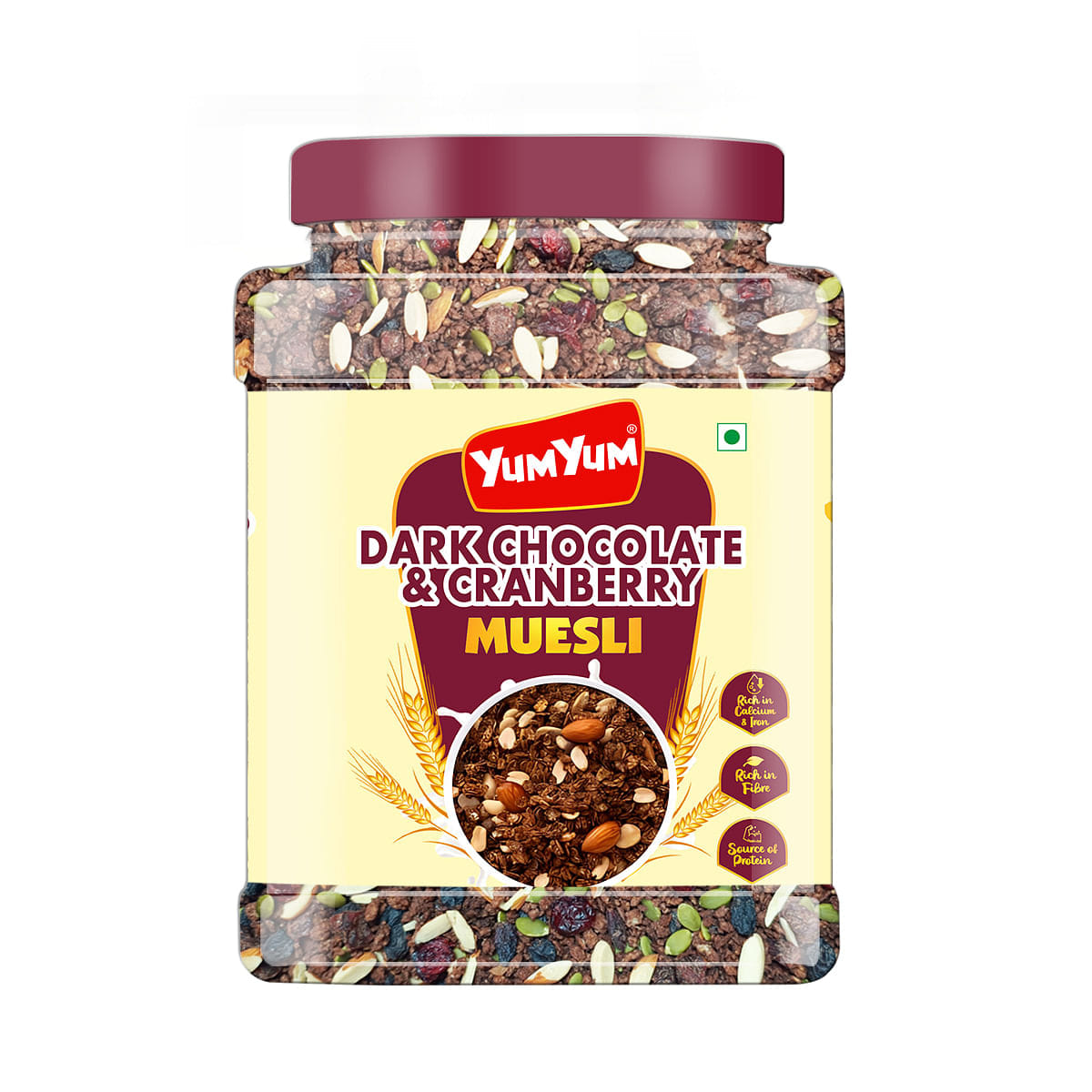 Yum Yum Dark Chocolate & Cranberries Muesli Healthy Breakfast Cereals | Chocolate,Whole Grain,Cranberries, Almonds,Black Raisins,Pumkin Seeds | Antioxidant & Protein Rich | Calcium & Iron - 750g