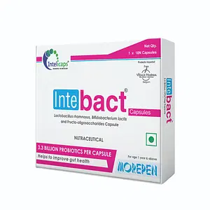 Morepen INTEBACT 3.3 BN CFU Prebiotics and Probiotics Supplement for Digestive Health - 10 Veg Capsules