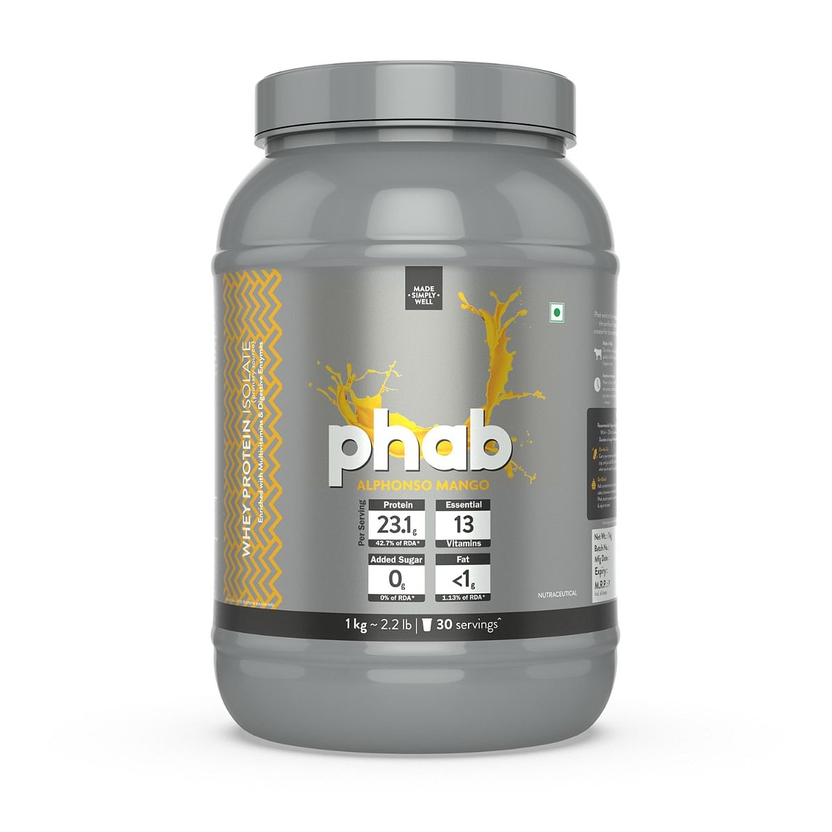 

Phab 100% Whey Protein Powder with Immunity Booster & Digezyme –1 Kg (Alphonso Mango), Primary Source Isolate