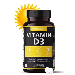 Boldfit Vitamin D3 Tablets for Men & Women - Vitamin D,Vitamin D3 + K2(MK7) & Vitamin B12 -Vitamin D3 Supplement for Men & Women for Bone Support & Joint Support -120Tablets