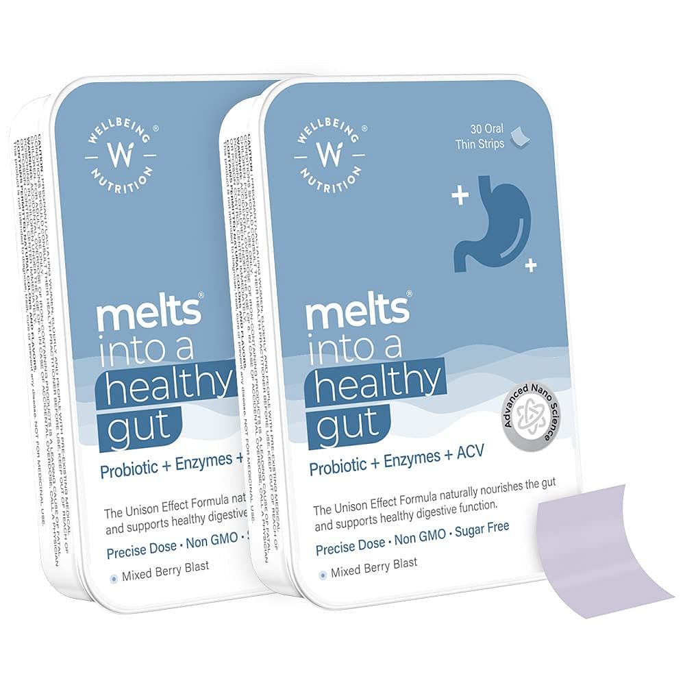 

Wellbeing Nutrition Melts Healthy Gut |Plant Based Probiotic 10B CFU, Digestive Enzyme (Protease & Papain) with Organic Apple Cider Vinegar For Ind...