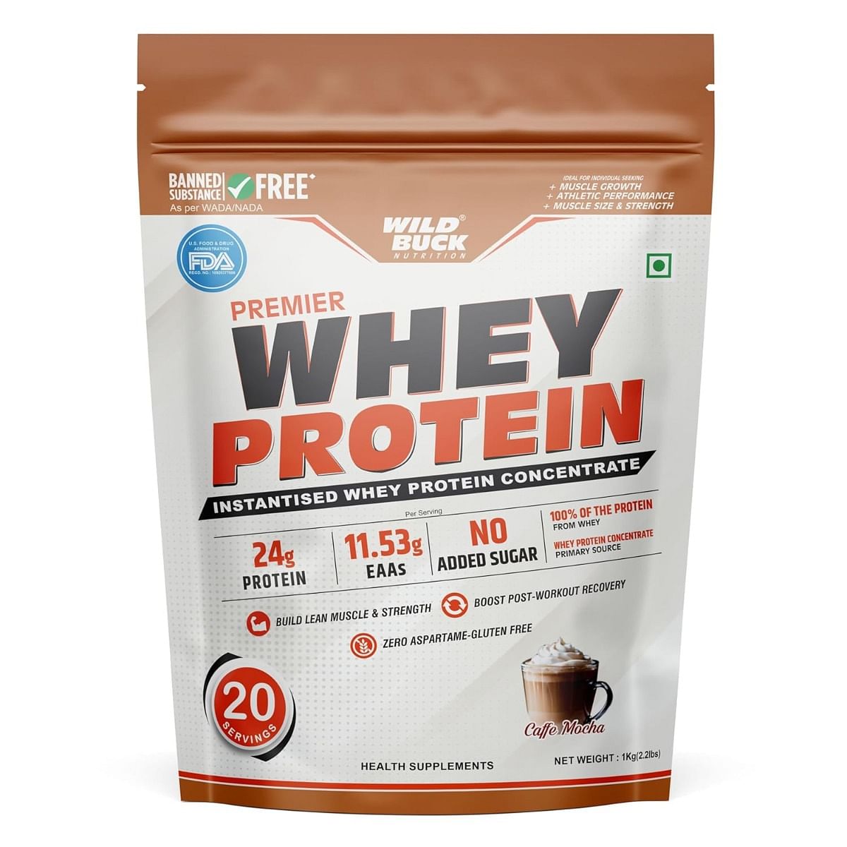 

WILD BUCK Premier Whey Protein Concentrate 100%, 24g High Protein, 5.43g BCAA, 11.53g EAA & Added Digestive Enzymes for Muscle-Building For Men & W...