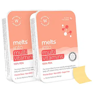 Wellbeing Nutrition Melts Complete Plant Based Multivitamin with 100% RDA of Vitamin A Vitamin B-Complex Vitamin C D3 + K2 Ashwagandha Immunity Heart Energy (30 Oral Strips Pack of 2)