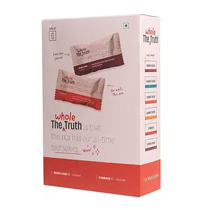 The Whole Truth - Protein Bars | Assorted Pack of 6 x 52g (3 Double Cocoa & 3 Cranberry) | No Added Sugar | No Preservatives | No Artificial Sweeteners | No Gluten or Soy | All Natural Ingredients