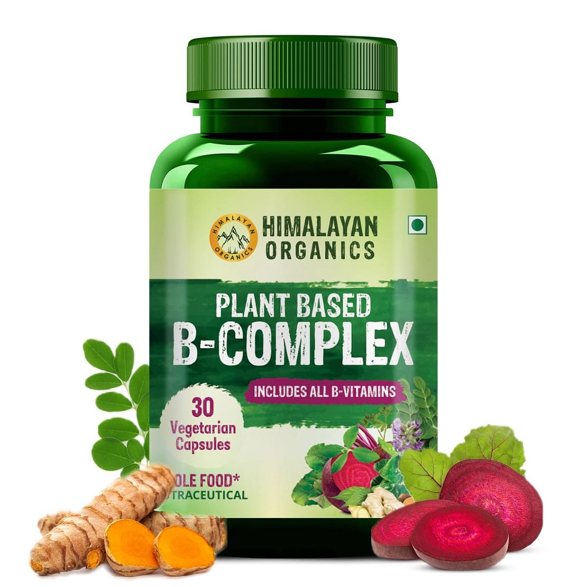 

Himalayan Organics Plant Based B-Complex Vitamins B12, B1, B2, B3, B5, B6, B9 and Biotin for Metabolism, Hair and Energy- 30 Veg Capsules