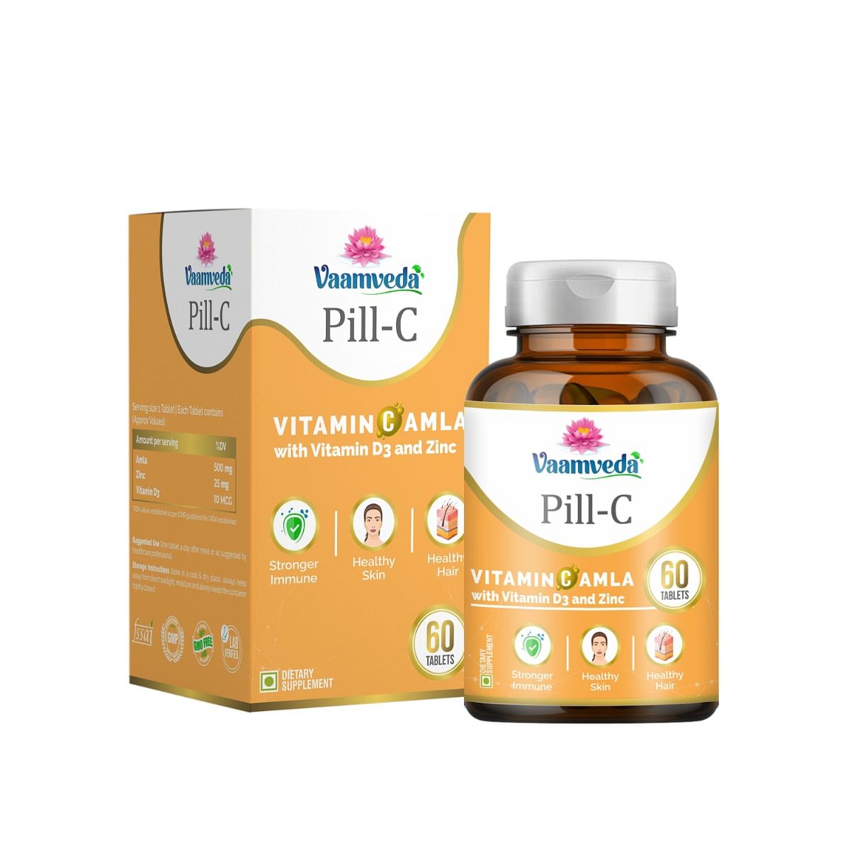 

Vaamveda Vitamin C and Zinc Tablets for Immunity with Vitamin D3 Natural Amla Vitamin C Immunity Booster for Face Skin 500MG