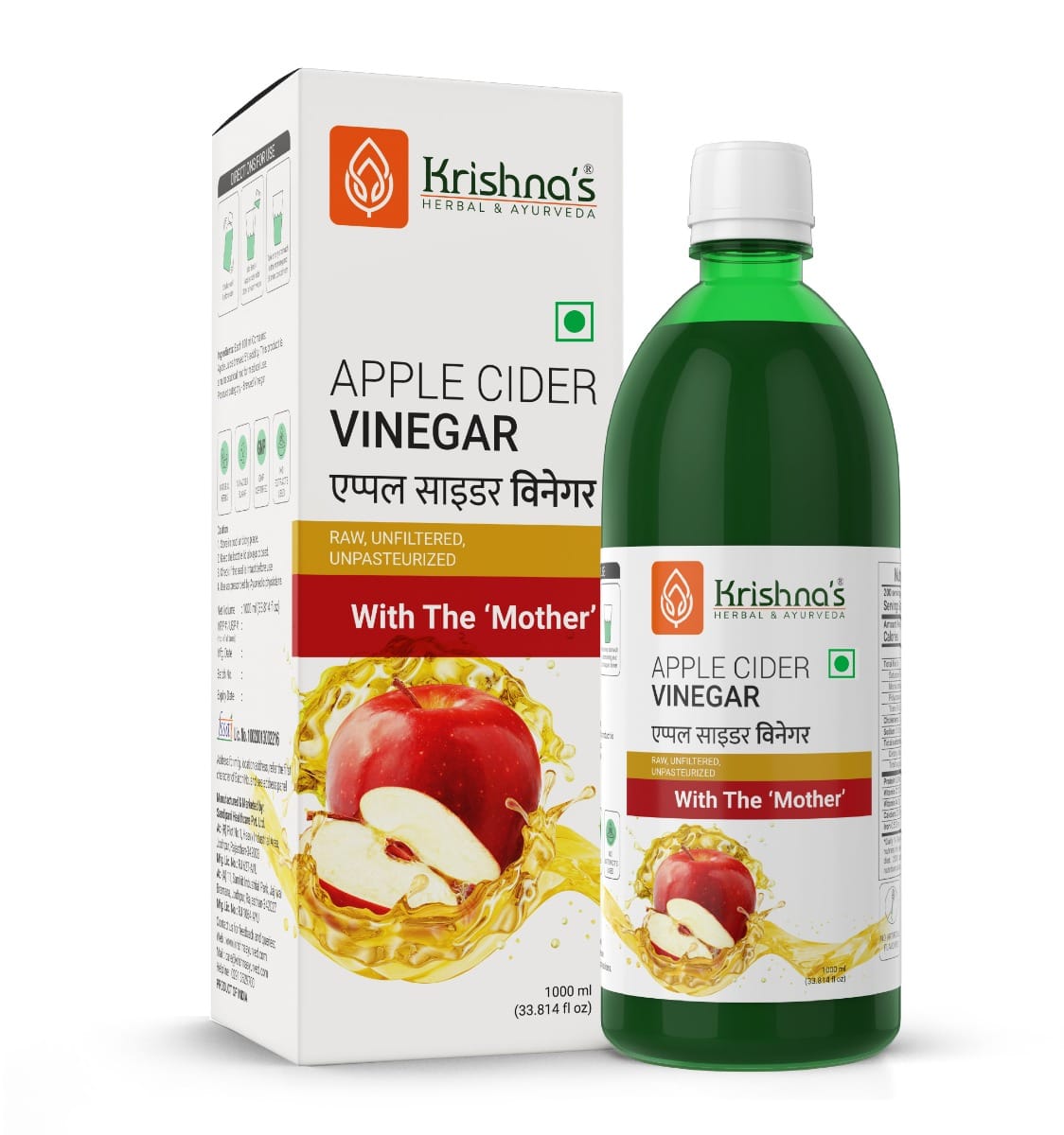 

Krishna's Apple Cider Vinegar 1000 ml | Raw, Unfiltered, Unpasteurized | with the Mother