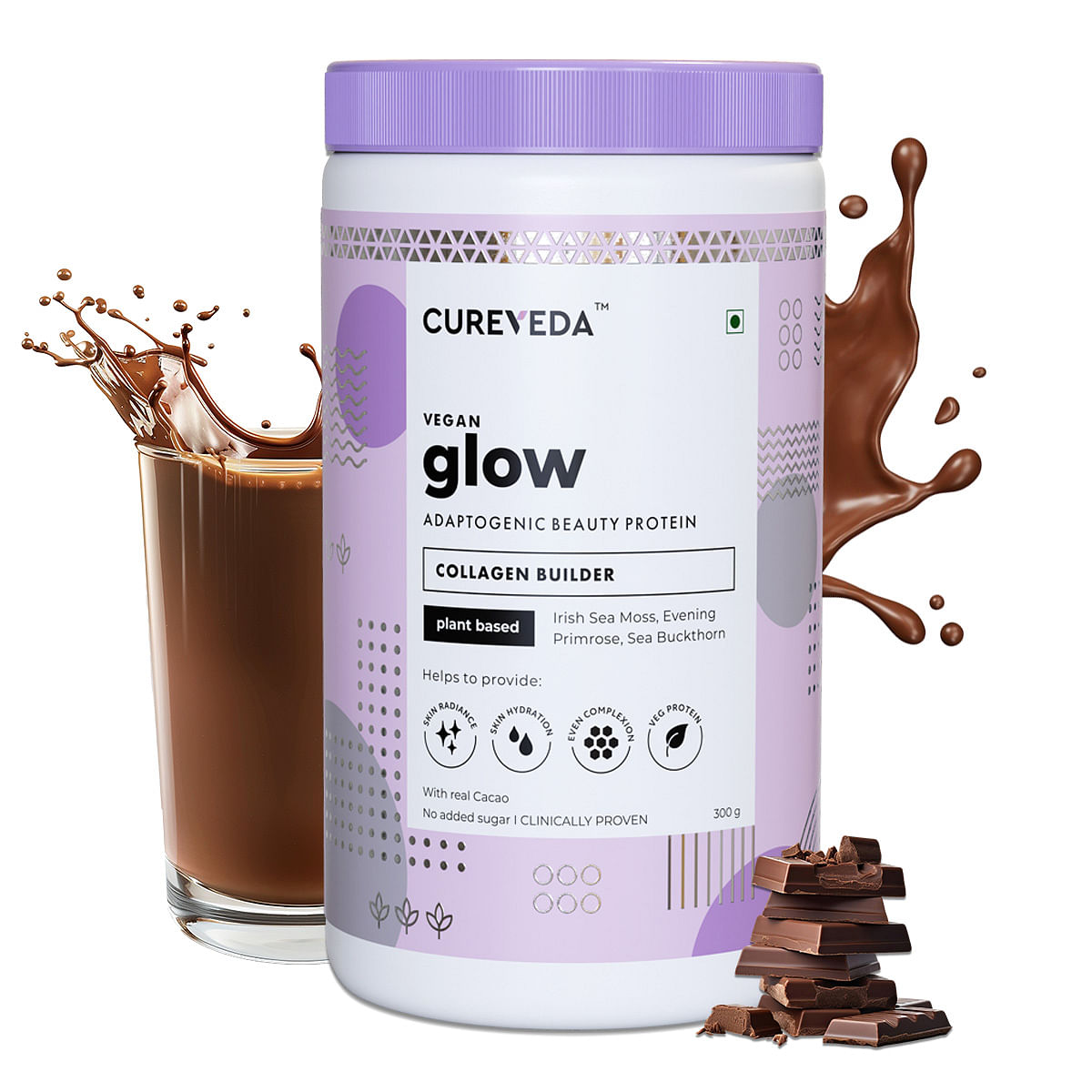 

Cureveda Glow Chocolate Vegan Plant based Collagen Builder with Irish Sea Moss Adaptogenic Beauty Protein (Pack of 300 gm powder)