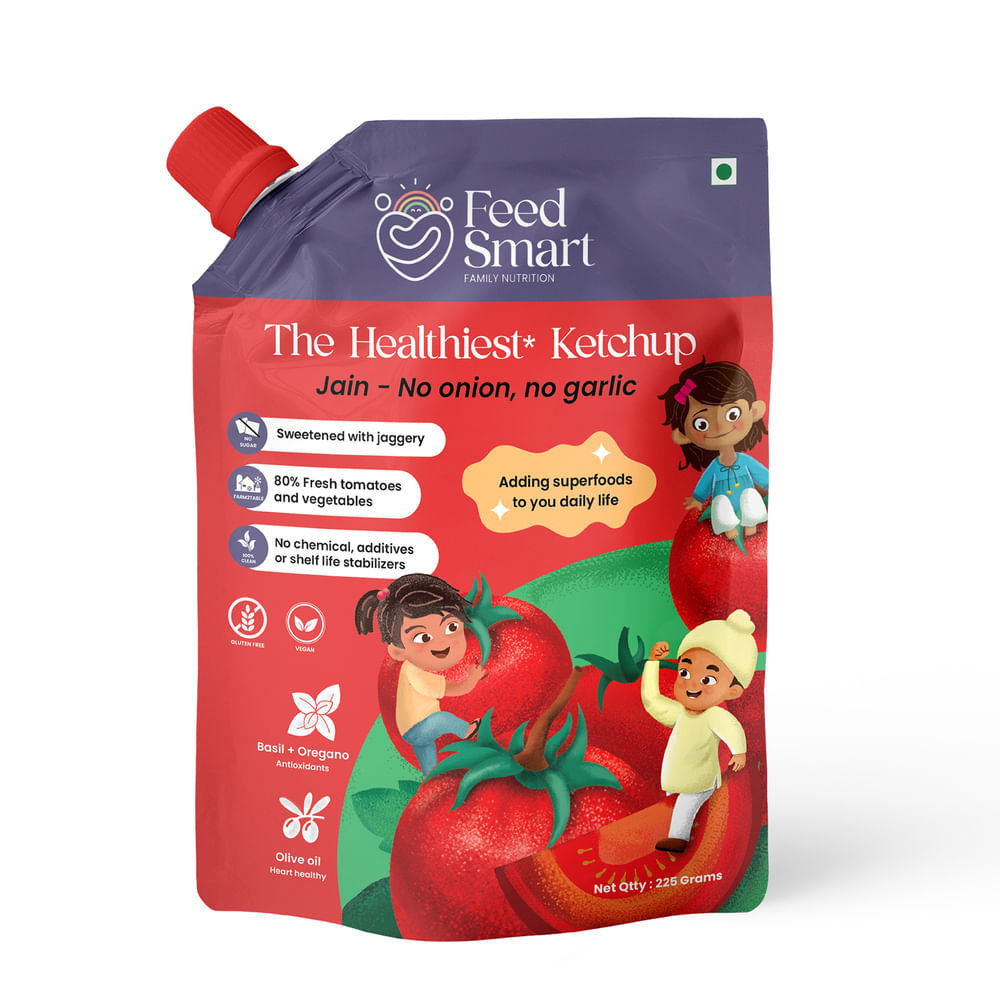 

Feed Smart The Healthiest Jain Tomato Ketchup | Farm Fresh Real Red Riped, Sweetened by Jaggery, 100% Clean Ketchup | 225g | Pack of 1