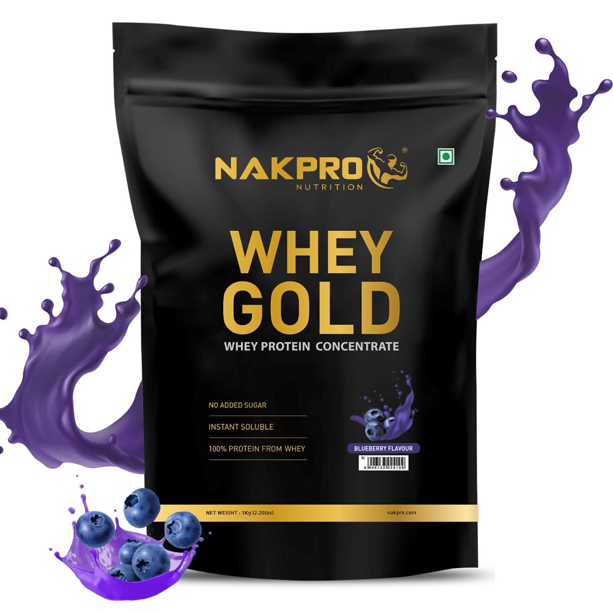

NAKPRO Gold Whey Protein Concentrate 1kg Blueberry | 25.5g Protein, 5.6g BCAA | Trustified Certified 100% Authentic Supplement Powder & No Adultera...
