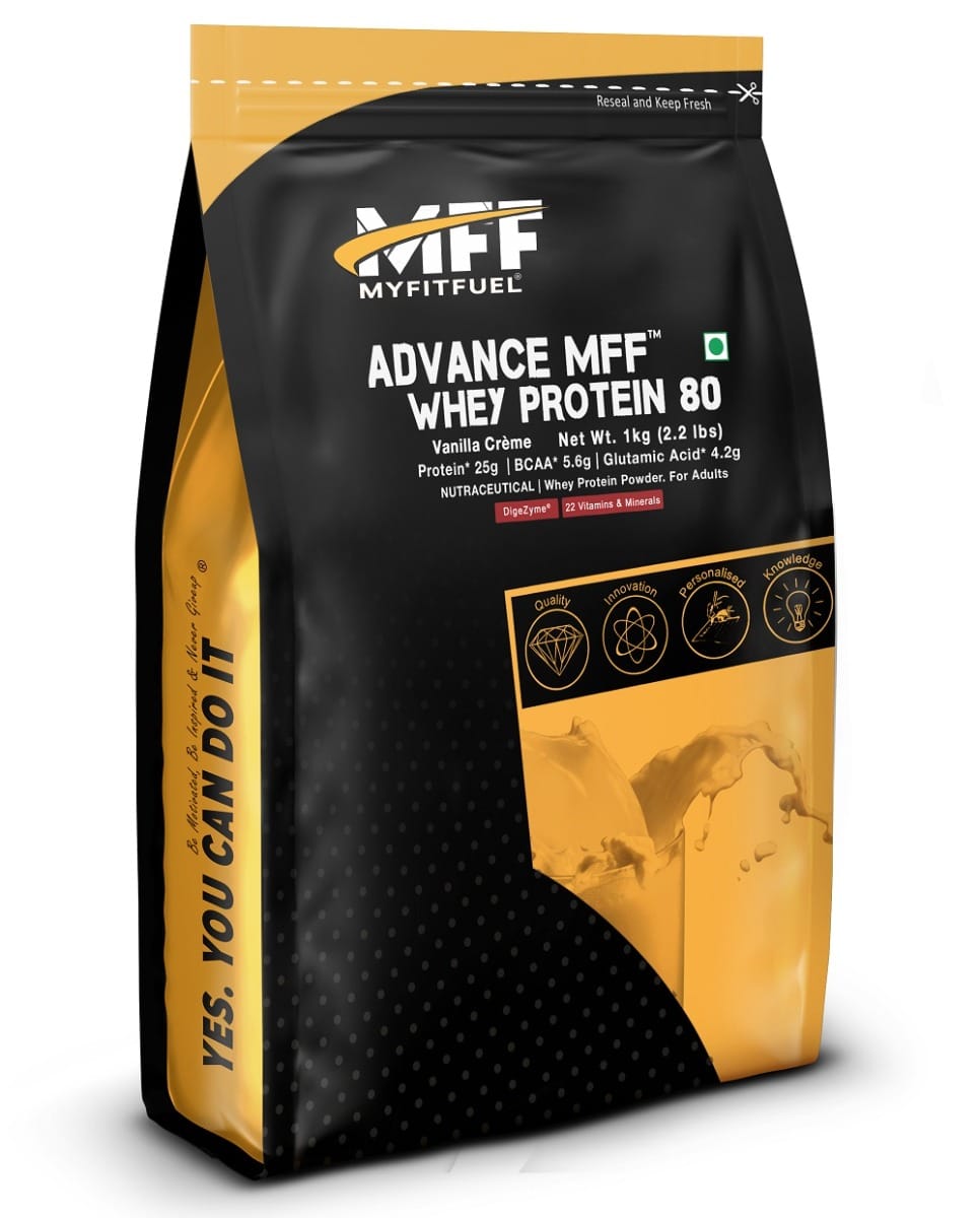 

MyFitFuel Advance MFF Whey Protein 80, Whey Concentrate 80% With Digestive Enzymes and Multi Vitamins | 1 Kg, 28 Servings (Vanilla Creme)