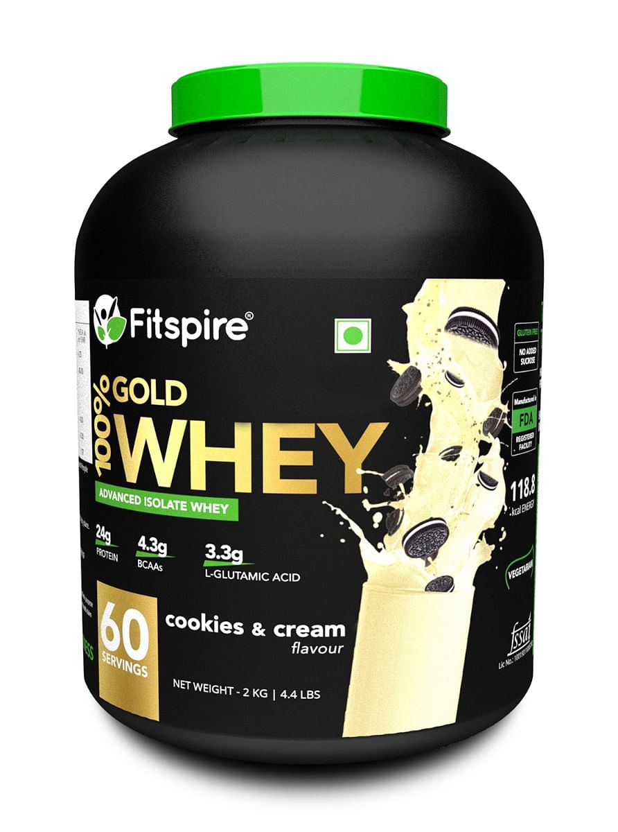 

Fitspire 100% Gold Advanced Isolate Whey Protein - Cookie and Cream, 2 kg/4.4 lb | 33 gm Serving Size | 24 gm Protein | 4.3 gm BCAA | Gluten & chol...