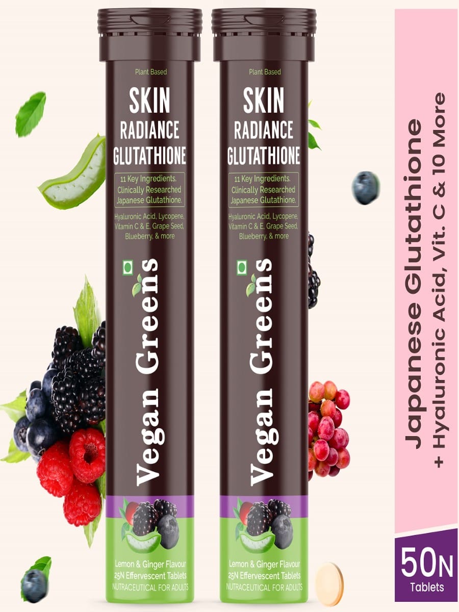 

Vegan Greens Skin Radiance Japanese Glutathione with Hyaluronic Acid, Aloe Vera, Lycopene, Vitamin E & C, Grape Seed. For Skin Whitening, Glow & Hy...