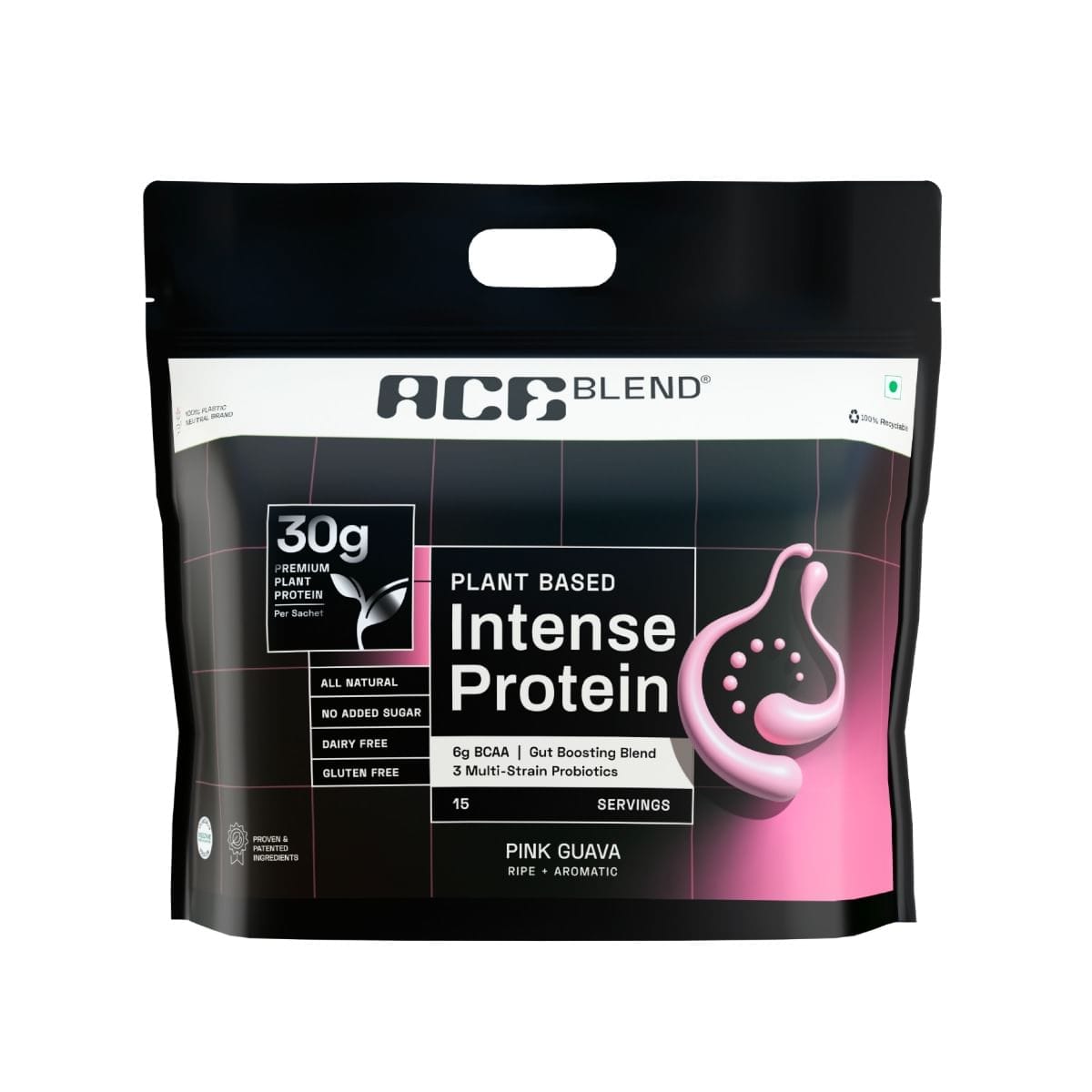 Ace Blend INTENSE 30G A-Grade Plant Protein | Complete Amino Acid Profile | Probiotics + Fibre | 6g BCAA | 95%+ Bio Available | Advanced Lean Muscle Growth & Recovery | Pink Guava-image-48