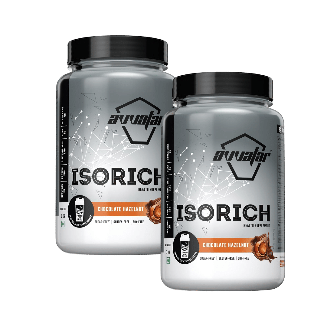 

Avvatar Isorich Protein 1Kg | Chocolate Hazelnut | 29 Servings | 28G Protein Pack Of 2