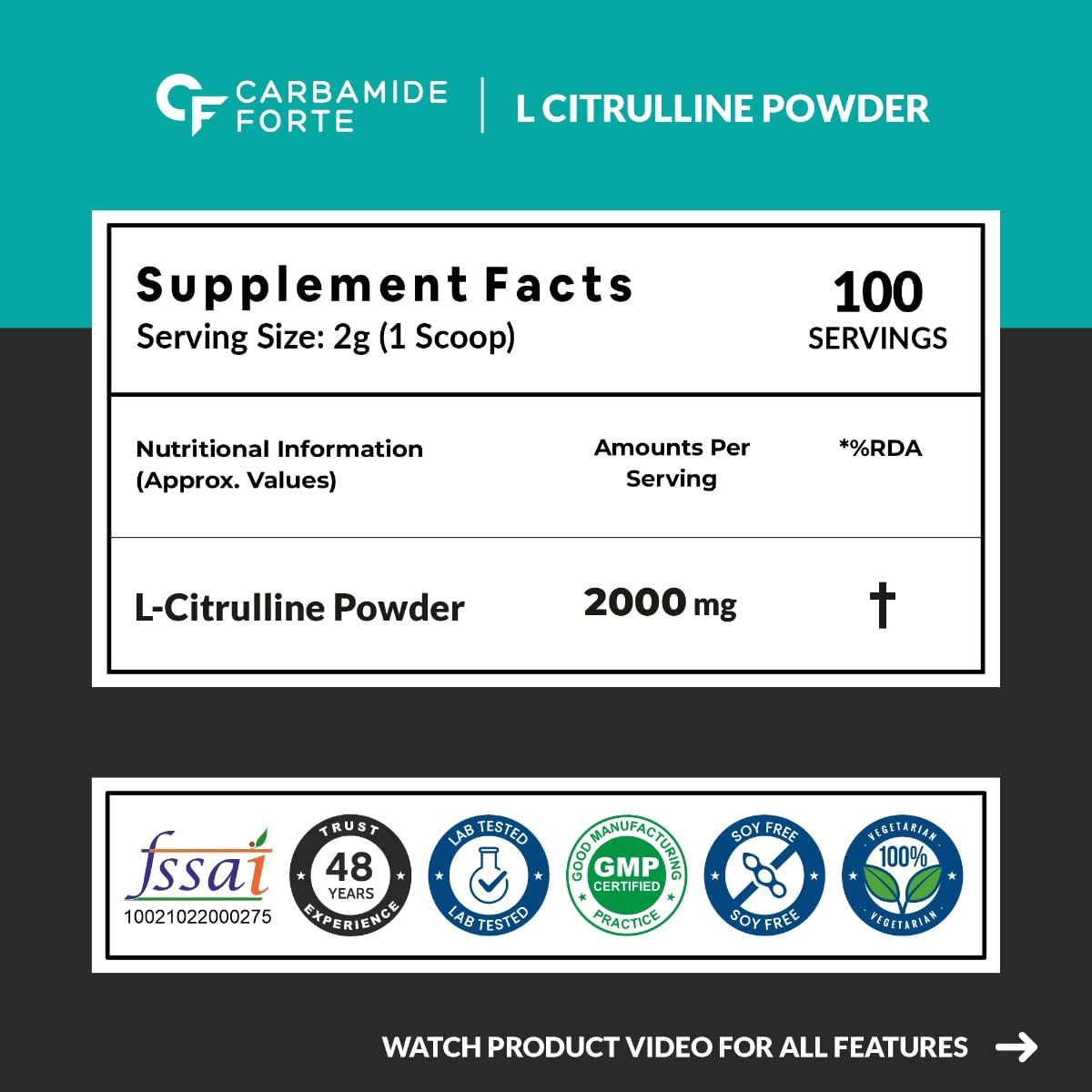 

Carbamide Forte L Citrulline Powder 2000mg | L Citrulline Supplement for Men & Women - Unflavoured - 100 SERVINGS - 200g
