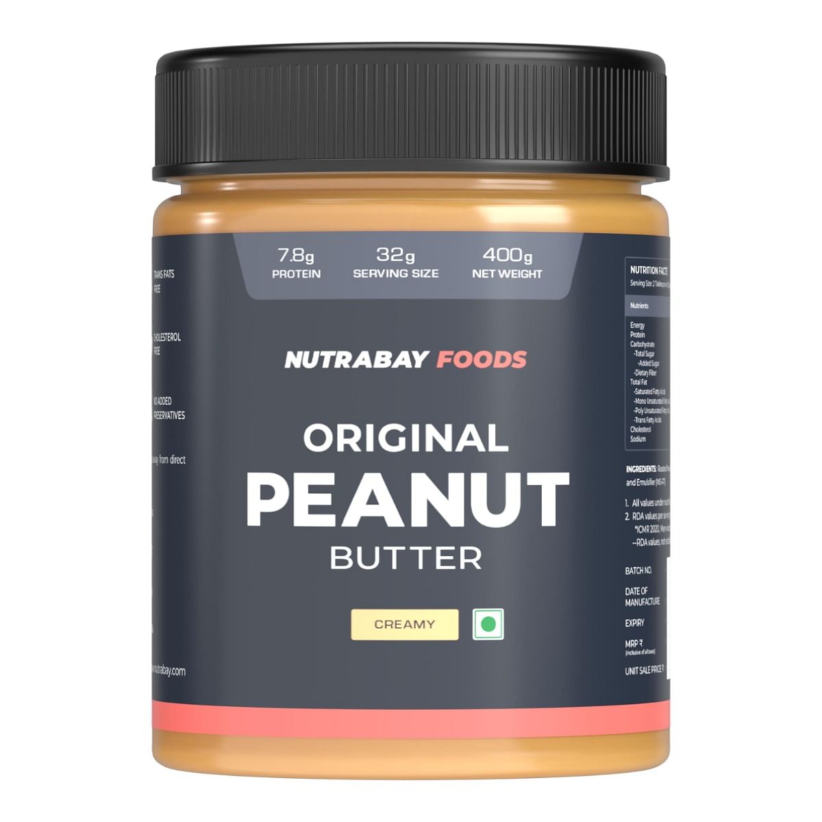 

Nutrabay Foods Original Peanut Butter (Creamy) - 400G | 100% Roasted Peanuts, 28G Protein | Zero Cholesterol, Vegan Friendly, No Added Preservativ...