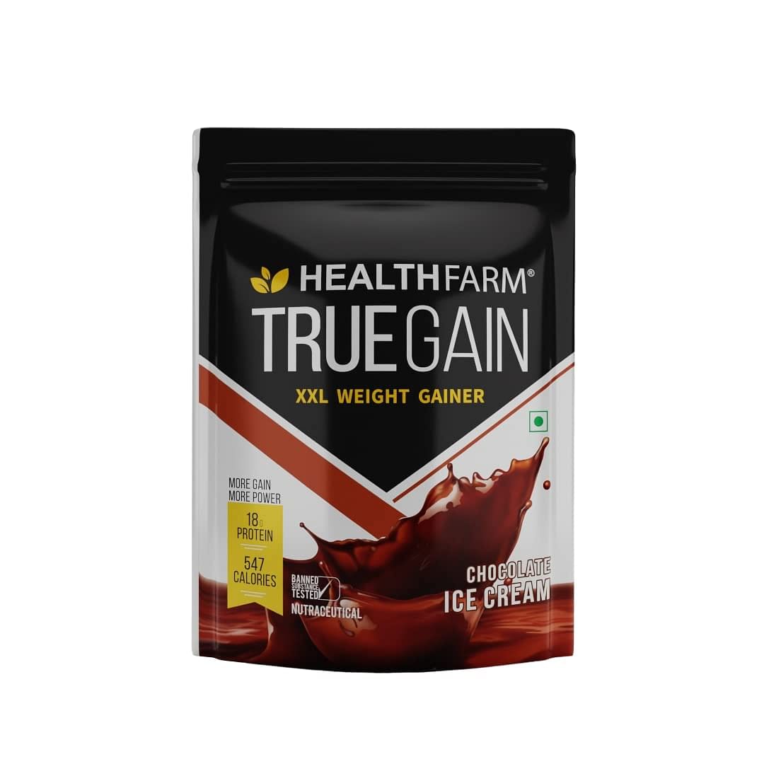 

Healthfarm XXL Mass Building Weight Gainer, Muscle Mass Gains, w/18g Protein,2.25 g Creatine, High Calories,Chocolate Ice Cream,1kg