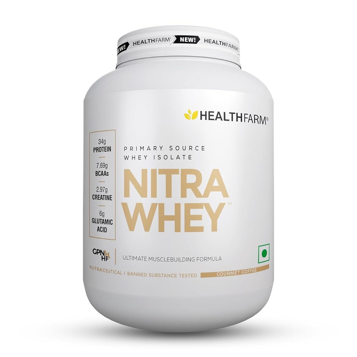 

Healthfarm Nitra Whey Protein | 34g Protein Per Serving & 3g Added Creatine | Blend of Isolate & Concentrate Protein (Gourmet Coffee, 2kg)